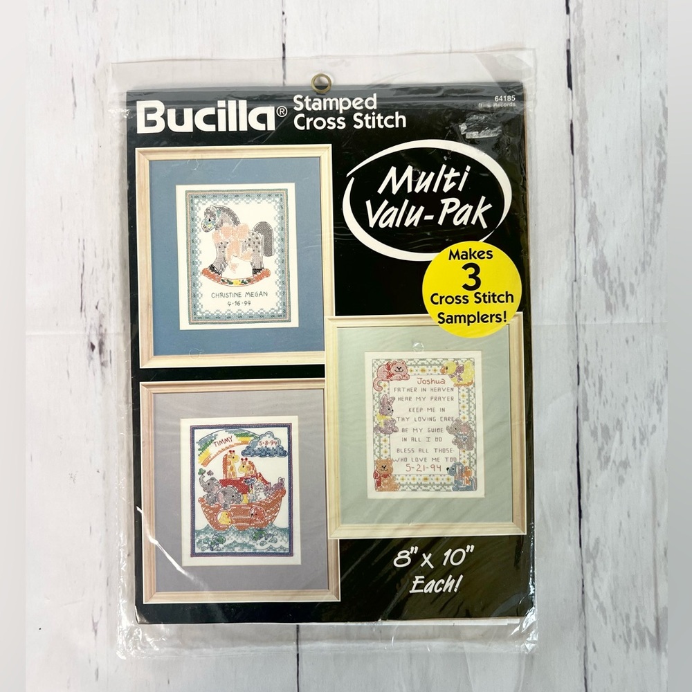 Bucilla Stamped Cross Stitch Kit Birth Records 3pk Noah's Ark Sampler Vintage
